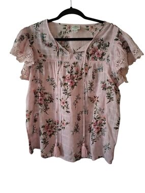 St. John's Bay Light Pink Floral Tassel V-Neck Blouse